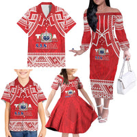 Samoa Rugby Custom Family Matching Off The Shoulder Long Sleeve Dress and Hawaiian Shirt Toa Samoa Pacific Sporty Red LT14 - Polynesian Pride