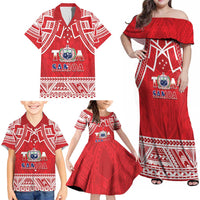 Samoa Rugby Custom Family Matching Off Shoulder Maxi Dress and Hawaiian Shirt Toa Samoa Pacific Sporty Red LT14 - Polynesian Pride