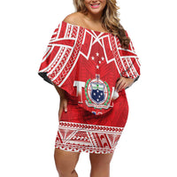 Samoa Rugby Custom Family Matching Off Shoulder Short Dress and Hawaiian Shirt Toa Samoa Pacific Sporty Red LT14 Mom's Dress Red - Polynesian Pride