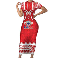 Samoa Rugby Custom Family Matching Short Sleeve Bodycon Dress and Hawaiian Shirt Toa Samoa Pacific Sporty Red LT14 Mom's Dress Red - Polynesian Pride