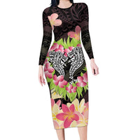 Polynesia Valentine's Day Family Matching Long Sleeve Bodycon Dress and Hawaiian Shirt Hammerhead Shark Plumeria With Polynesian Pattern LT14 Mom's Dress Black - Polynesian Pride