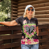 Polynesia Valentine's Day Women Polo Shirt Hammerhead Shark Plumeria With Polynesian Pattern