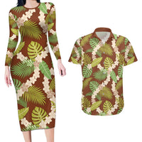 Brown Hawaii Plumeria Lei With Tropical Leaves Couples Matching Long Sleeve Bodycon Dress and Hawaiian Shirt LT14 Brown - Polynesian Pride