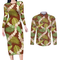 Brown Hawaii Plumeria Lei With Tropical Leaves Couples Matching Long Sleeve Bodycon Dress and Long Sleeve Button Shirt LT14 Brown - Polynesian Pride
