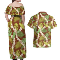 Brown Hawaii Plumeria Lei With Tropical Leaves Couples Matching Off Shoulder Maxi Dress and Hawaiian Shirt LT14 - Polynesian Pride