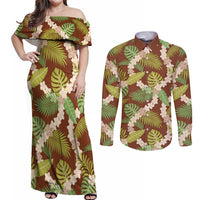 Brown Hawaii Plumeria Lei With Tropical Leaves Couples Matching Off Shoulder Maxi Dress and Long Sleeve Button Shirt LT14 Brown - Polynesian Pride