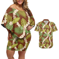 Brown Hawaii Plumeria Lei With Tropical Leaves Couples Matching Off Shoulder Short Dress and Hawaiian Shirt LT14 Brown - Polynesian Pride