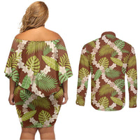 Brown Hawaii Plumeria Lei With Tropical Leaves Couples Matching Off Shoulder Short Dress and Long Sleeve Button Shirt LT14 - Polynesian Pride