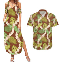 Brown Hawaii Plumeria Lei With Tropical Leaves Couples Matching Summer Maxi Dress and Hawaiian Shirt LT14 Brown - Polynesian Pride