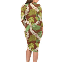 Brown Hawaii Plumeria Lei With Tropical Leaves Family Matching Long Sleeve Bodycon Dress and Hawaiian Shirt LT14 - Polynesian Pride