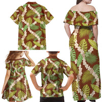 Brown Hawaii Plumeria Lei With Tropical Leaves Family Matching Off Shoulder Maxi Dress and Hawaiian Shirt LT14 - Polynesian Pride