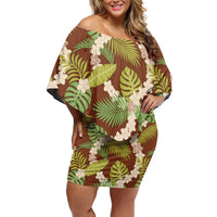 Brown Hawaii Plumeria Lei With Tropical Leaves Family Matching Off Shoulder Short Dress and Hawaiian Shirt LT14 Mom's Dress Brown - Polynesian Pride