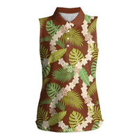 Brown Hawaii Plumeria Lei With Tropical Leaves Women Sleeveless Polo Shirt LT14 Female Brown - Polynesian Pride
