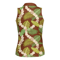 Brown Hawaii Plumeria Lei With Tropical Leaves Women Sleeveless Polo Shirt LT14 - Polynesian Pride