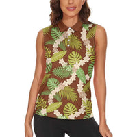 Brown Hawaii Plumeria Lei With Tropical Leaves Women Sleeveless Polo Shirt LT14 - Polynesian Pride