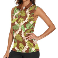 Brown Hawaii Plumeria Lei With Tropical Leaves Women Sleeveless Polo Shirt LT14 - Polynesian Pride