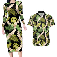 Black Hawaii Plumeria Lei With Tropical Leaves Couples Matching Long Sleeve Bodycon Dress and Hawaiian Shirt LT14 Black - Polynesian Pride