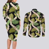 Black Hawaii Plumeria Lei With Tropical Leaves Couples Matching Long Sleeve Bodycon Dress and Long Sleeve Button Shirt LT14 - Polynesian Pride