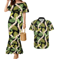 Black Hawaii Plumeria Lei With Tropical Leaves Couples Matching Mermaid Dress and Hawaiian Shirt LT14 Black - Polynesian Pride