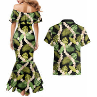 Black Hawaii Plumeria Lei With Tropical Leaves Couples Matching Mermaid Dress and Hawaiian Shirt LT14 - Polynesian Pride