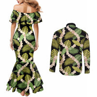 Black Hawaii Plumeria Lei With Tropical Leaves Couples Matching Mermaid Dress and Long Sleeve Button Shirt LT14 - Polynesian Pride