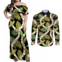 Black Hawaii Plumeria Lei With Tropical Leaves Couples Matching Off Shoulder Maxi Dress and Long Sleeve Button Shirt LT14 Black - Polynesian Pride