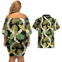 Black Hawaii Plumeria Lei With Tropical Leaves Couples Matching Off Shoulder Short Dress and Hawaiian Shirt LT14 - Polynesian Pride