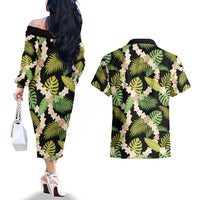 Black Hawaii Plumeria Lei With Tropical Leaves Couples Matching Off The Shoulder Long Sleeve Dress and Hawaiian Shirt LT14 - Polynesian Pride