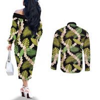 Black Hawaii Plumeria Lei With Tropical Leaves Couples Matching Off The Shoulder Long Sleeve Dress and Long Sleeve Button Shirt LT14 - Polynesian Pride