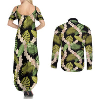 Black Hawaii Plumeria Lei With Tropical Leaves Couples Matching Summer Maxi Dress and Long Sleeve Button Shirt LT14 - Polynesian Pride