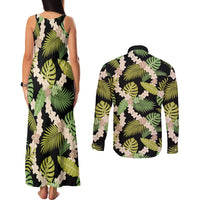 Black Hawaii Plumeria Lei With Tropical Leaves Couples Matching Tank Maxi Dress and Long Sleeve Button Shirt LT14 - Polynesian Pride