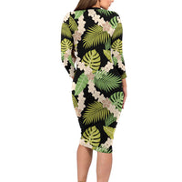 Black Hawaii Plumeria Lei With Tropical Leaves Family Matching Long Sleeve Bodycon Dress and Hawaiian Shirt LT14 - Polynesian Pride