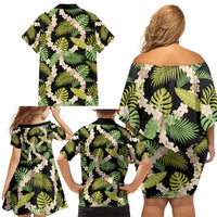 Black Hawaii Plumeria Lei With Tropical Leaves Family Matching Off Shoulder Short Dress and Hawaiian Shirt LT14 - Polynesian Pride