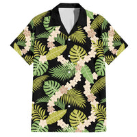 Black Hawaii Plumeria Lei With Tropical Leaves Family Matching Off Shoulder Short Dress and Hawaiian Shirt LT14 Dad's Shirt - Short Sleeve Black - Polynesian Pride