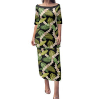 Black Hawaii Plumeria Lei With Tropical Leaves Family Matching Puletasi and Hawaiian Shirt LT14 Mom's Dress Black - Polynesian Pride