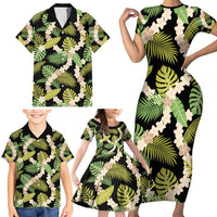 Black Hawaii Plumeria Lei With Tropical Leaves Family Matching Short Sleeve Bodycon Dress and Hawaiian Shirt LT14 - Polynesian Pride