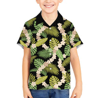Black Hawaii Plumeria Lei With Tropical Leaves Family Matching Short Sleeve Bodycon Dress and Hawaiian Shirt LT14 Son's Shirt Black - Polynesian Pride