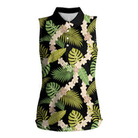 Black Hawaii Plumeria Lei With Tropical Leaves Women Sleeveless Polo Shirt LT14 Female Black - Polynesian Pride
