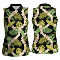 Black Hawaii Plumeria Lei With Tropical Leaves Women Sleeveless Polo Shirt LT14 - Polynesian Pride