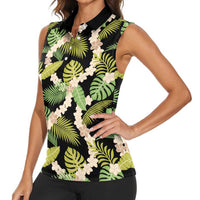 Black Hawaii Plumeria Lei With Tropical Leaves Women Sleeveless Polo Shirt LT14 - Polynesian Pride