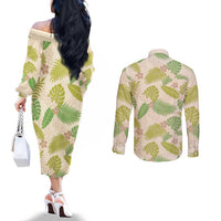 Beige Hawaii Plumeria Lei With Tropical Leaves Couples Matching Off The Shoulder Long Sleeve Dress and Long Sleeve Button Shirt LT14 - Polynesian Pride
