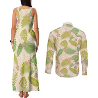 Beige Hawaii Plumeria Lei With Tropical Leaves Couples Matching Tank Maxi Dress and Long Sleeve Button Shirt LT14 - Polynesian Pride