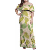 Beige Hawaii Plumeria Lei With Tropical Leaves Family Matching Off Shoulder Maxi Dress and Hawaiian Shirt LT14 Mom's Dress Beige - Polynesian Pride