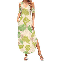 Beige Hawaii Plumeria Lei With Tropical Leaves Family Matching Summer Maxi Dress and Hawaiian Shirt LT14 Mom's Dress Beige - Polynesian Pride
