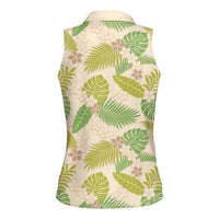 Beige Hawaii Plumeria Lei With Tropical Leaves Women Sleeveless Polo Shirt LT14 - Polynesian Pride