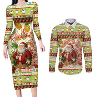 Hawaiian Santa Aloha Pineapple Christmas Couples Matching Long Sleeve Bodycon Dress and Long Sleeve Button Shirt Mele Kalikimaka LT15 Cream - Polynesian Pride