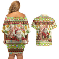Hawaiian Santa Aloha Pineapple Christmas Couples Matching Off Shoulder Short Dress and Hawaiian Shirt Mele Kalikimaka LT15 - Polynesian Pride