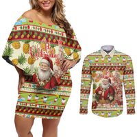 Hawaiian Santa Aloha Pineapple Christmas Couples Matching Off Shoulder Short Dress and Long Sleeve Button Shirt Mele Kalikimaka LT15 Cream - Polynesian Pride