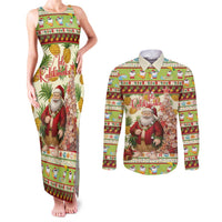 Hawaiian Santa Aloha Pineapple Christmas Couples Matching Tank Maxi Dress and Long Sleeve Button Shirt Mele Kalikimaka LT15 Cream - Polynesian Pride
