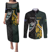 New Zealand and South Africa Rugby Custom Couples Matching Puletasi and Long Sleeve Button Shirt Silver Fern With Springboks LT15 Black - Polynesian Pride